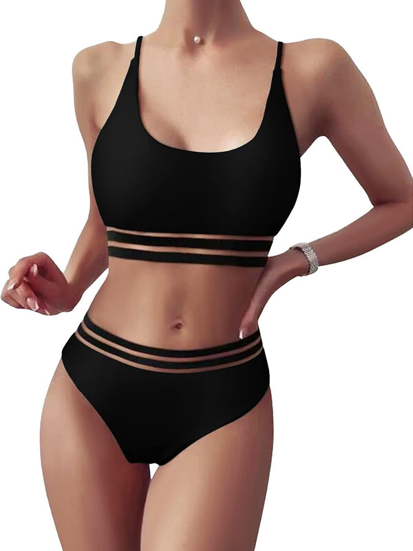 TOMEEK Women's Bikini Set with Mesh Two Piece Swimsuit Push Up Padded High Cut Sports Swimwear High Waist Bikini for Women