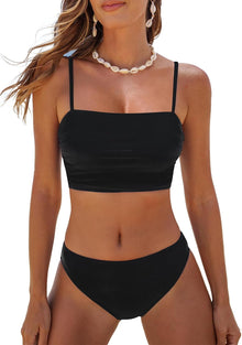 CUPSHE Women's Bikini Set Two Piece Bandeau Top Square Neck Medium Waist Ruffle Spaghetti Straps Swimsuit | Mittlerer Bund, Breite Träger, Bequeme Passform, Für Strand und Pool View 1