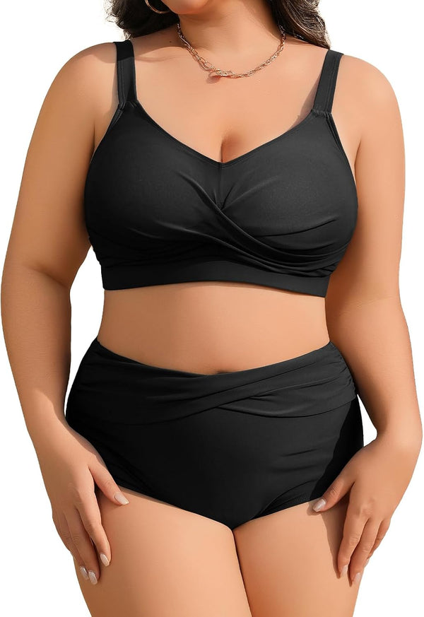 heekpek Women's Bikini Set Tummy Control Swimsuit Large Sizes Two Piece Women's Summer Swimwear V-Neck High Waist Bikini Plus Size Women