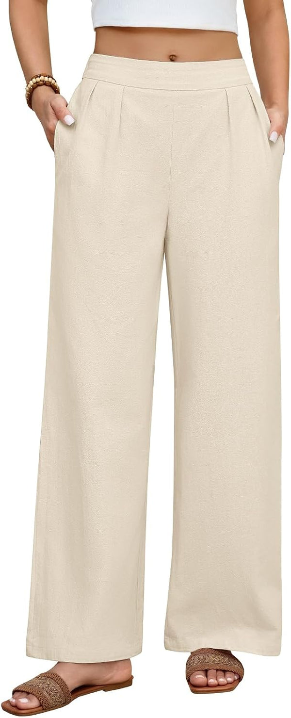 heekpek Women's Trousers Summer Cotton Comfortable Women's Trousers Wide Leg High Waist Trousers Elegant Light Airy Loose Summer Trousers