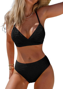 CUPSHE Women's Bikini Set High Waist V Neck Textured Back Cross | Comfortable fit, for the beach and pool View 1