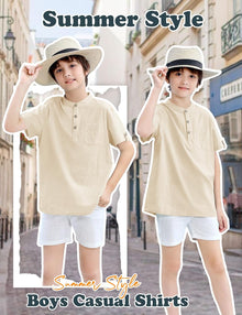 heekpek Henley Boys' Short-Sleeved Shirt Button Up Summer Cotton Children's Shirt T-Shirt with Chest Pocket View 4