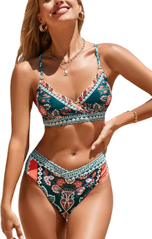 Cupshe Women's Bikini Set High Waist Wrap Look V Neck Swimsuit | Boho floral pattern, comfortable fit, secure hold, for beach and pool View 1