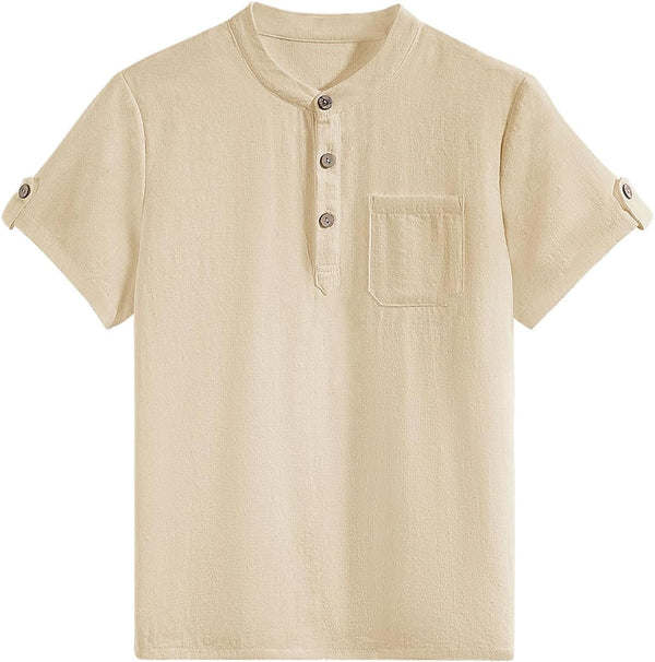 heekpek Henley Boys' Short-Sleeved Shirt Button Up Summer Cotton Children's Shirt T-Shirt with Chest Pocket