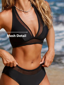CUPSHE Women's Bikini Set V Neck Halterneck Mesh Mid Waist Two Pieces | Textured material, for beach and pool, swimwear swimsuit View 4