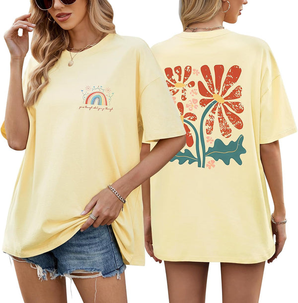 heekpek Oversize T-Shirt Women's Cotton Crew Neck Short Sleeve T-Shirt Loose Breathable Summer Tops Casual Basic T-Shirt for Teenage Girls with Rainbow and Floral Print